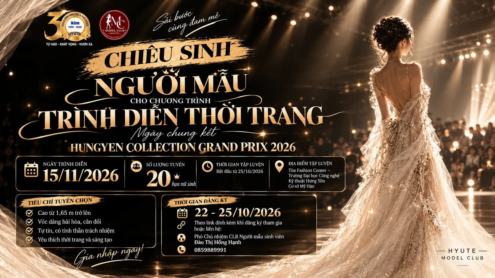 CHIÊU SINH NGƯỜI MẪU TRÌNH DIỄN THỜI TRANG KỸ NIỆM 30 NĂM THÀNH LẬP KHOA CÔNG NGHỆ MAY VÀ THỜI TRANG - CHUNG KẾT CUỘC THI HUNGYEN COLLECTION GRAND PRIX 2026